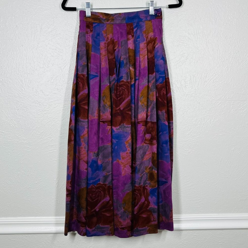 Emanuel Ungaro Luxury Purple w/ Floral Pleated Midi Skirt